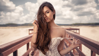 Woman dress bridge wind beach - a woman in a dress free wallpaper for desktop