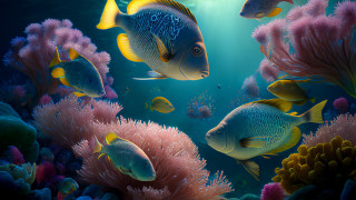 Coral reef fish seaweed airbrush - a group of fish swimming free wallpaper