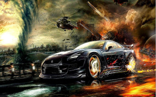 Car city helicopter fireball driving - a fireball in the background free wallpaper