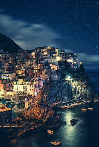 Night town cliff bridge boats - a cliff free wallpaper for mobile