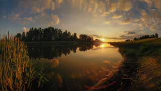 Sunset lake grassy trees clouds - wide angle len free wallpaper
