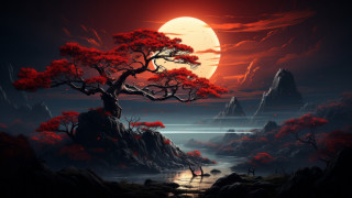 Moon fire red sky tree - anato finnstark free wallpaper
