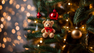 Teddy bear christmas ornament bokeh - a red ribbon free wallpaper