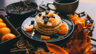 Pancakes blueberries oranges coffee tea - a plate next free wallpaper