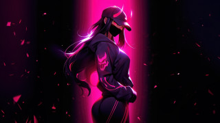 Woman black outfit pink background - cyberpunk art free wallpaper