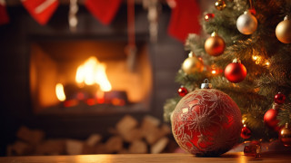 Christmas tree red ball fireplace - ornament free wallpaper