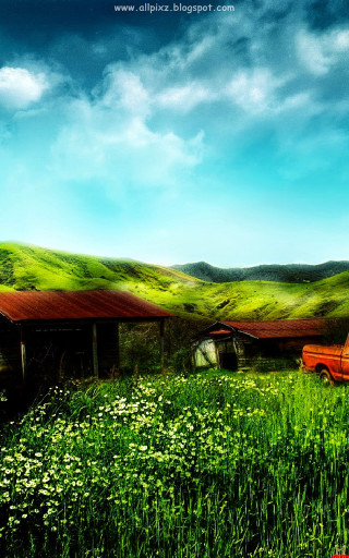 Red truck field flowers cloudy - a red truck free wallpaper for mobile