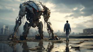Man robot city reflection cyberpunk - dystopian art free wallpaper