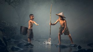Boys water sticks buckets fishing - a pole free wallpaper