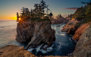 Sunset water trees cliff rimlight - rim light free wallpaper