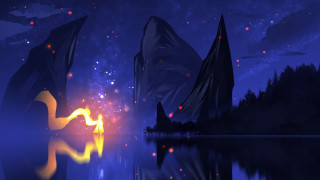 Lake mountains stars fireworks aurora - firefly free wallpaper