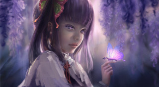 Girl butterfly purple background flowers - a butterfly free wallpaper for desktop