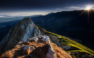 Mountain sunset grass range ocean - the ground below free wallpaper