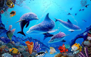 Dolphins swimming ocean corals fish - pointillism free wallpaper