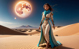 Desert woman planet night mountains - sand free wallpaper