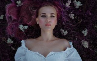 Pink haired woman flower field - pink hair free wallpaper