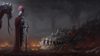 Man dragon demon fantasy armor - his hand and a demon in the background free wallpaper