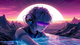 Woman headphones sunglasses sunset mountains - synthwave style free wallpaper