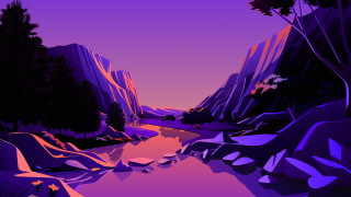 River mountains trees sunset purple - a painting of a river free wallpaper
