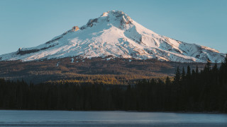 Mountain snow peak trees lake 2 - peak in the distance free wallpaper