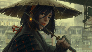 Woman hat sword rain city 2 - a sword in the rain free wallpaper