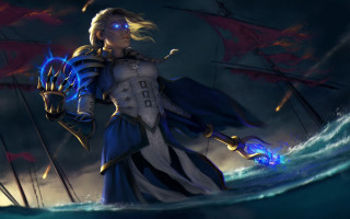 Woman blue dress sword boat - chris rallis free wallpaper