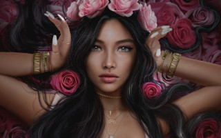 Woman rose crown long hair - her hand behind her head free wallpaper for desktop