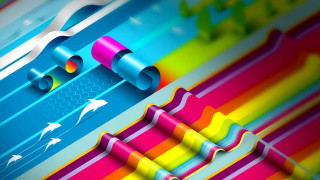 Colorful surfboard dolphins rainbow wave - surreal design free wallpaper