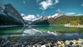 Mountain lake rocks trees sky 2 - a few mountain free wallpaper