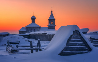 Snowy landscape church dusk ruins - andrey ryabovichev free wallpaper