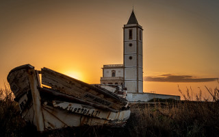 Boat grass tower sunset puzzle - cagnaccio di san pietro free wallpaper