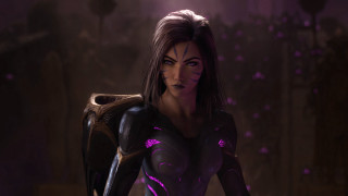 Futuristic woman armor glowing arm - her neck and chest free wallpaper