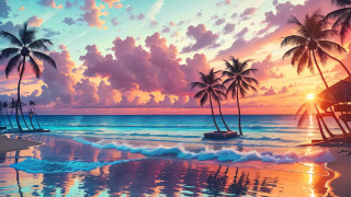 Beach sunset palm trees boat - a painting of a beach free wallpaper