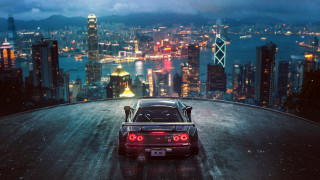 City night lights skyline car - a road in front free wallpaper