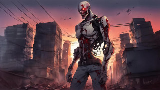 Bloody man cyberpunk city sunset - cyborg free wallpaper