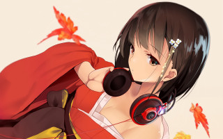 Anime woman autumn leaves kimono - headphone free wallpaper for desktop