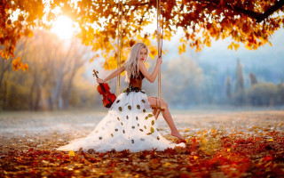 Woman swing park violin autumn - a woman in a dress free wallpaper