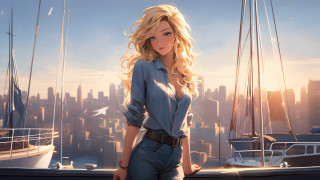 Romanticism woman harbor city boat - over her free wallpaper