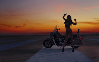 Woman motorcycle sunset beach figuration - a sunset background free wallpaper
