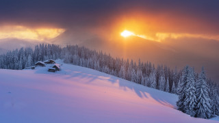 Snowy mountain house sun clouds - beautiful landscape free wallpaper