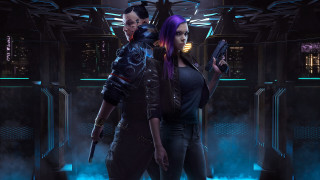 Couple cyberpunk guns neon smoke - each other holding free wallpaper