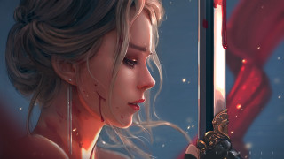 Woman sword bloody face curtain - art station free wallpaper for desktop