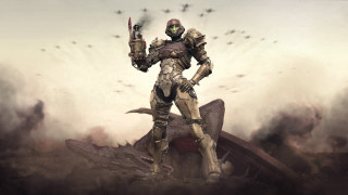 Futuristic man gun bird sunset - overhead free wallpaper