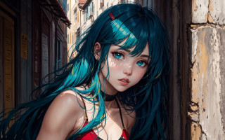 Blue hair woman building stripes - artgerm free wallpaper