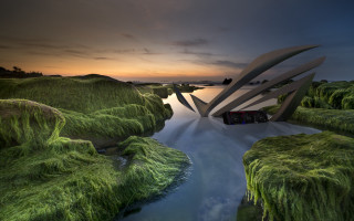 River bridge building cloudy sunset - vray free wallpaper