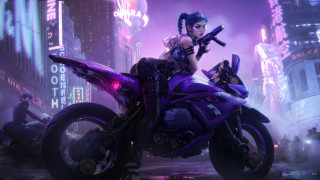 Futuristic city motorcycle woman night - her hand and a gun free wallpaper for desktop