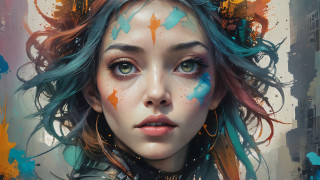 Blue haired woman cityscape embellished - paint free wallpaper for desktop