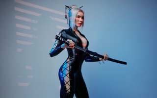 Woman catsuit sword cyberpunk blue - sci fi fantasy free wallpaper