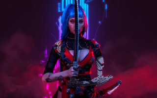 Woman sword cyberpunk blue hair - light behind her free wallpaper