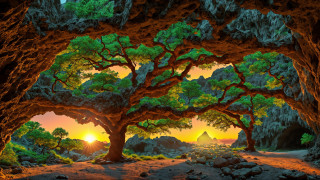 Cave tree sunset mountain autumn - the sun free wallpaper for desktop